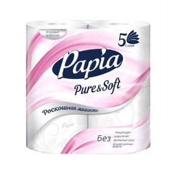 Զուգարանի թուղթ Papia 5 շերտ 4 հատ ||Туалетная бумага Papia Pure&Soft белая 5-слойная 4 рулона ||Toilet paper Papia Pure&Soft white 5-ply 4 rolls