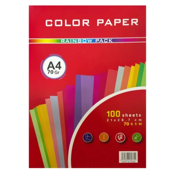 Double-sided colored paper, A4, 100 sheets (10 colors), 210x297 mm, 70 g/m²