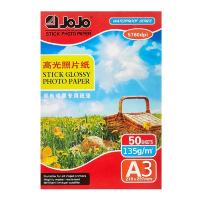 JoJo photo paper, single-sided glossy, self-adhesive, A3 format, 135 g/m², 50 sheets.
