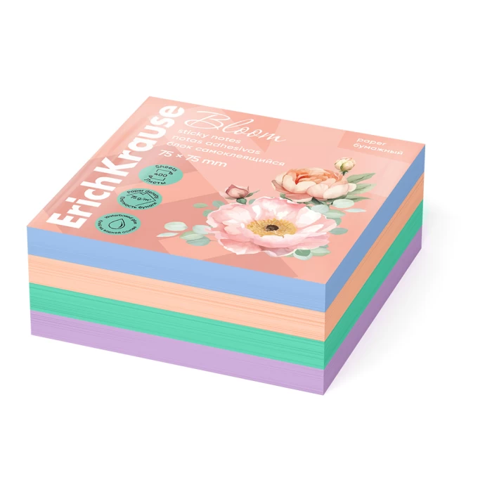  Блок самоклеящийся бумажный ErichKrause Pastel Bloom, 75х75 мм, 400 листов, 4 цвета 