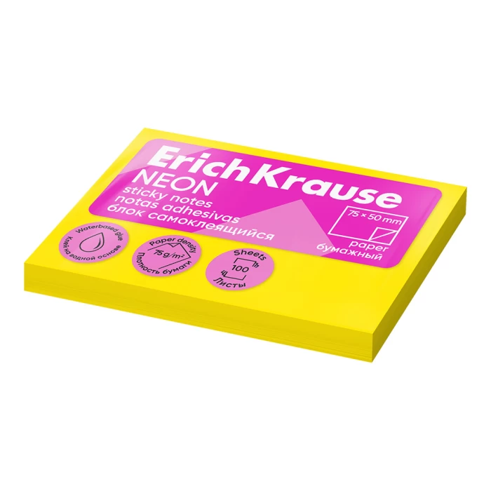  Self-adhesive paper block ErichKrause Neon, 75x50 mm, 100 sheets, yellow