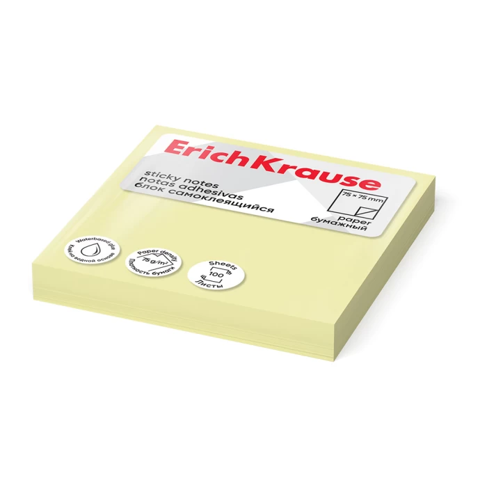  Блок самоклеящийся бумажный ErichKrause Neon, 75х75 мм, 100 листов, желтый 